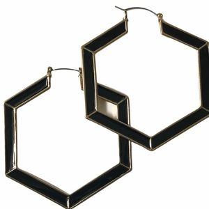 Hexagon Black Enamel Gold Tone Metal Hoop Earrings